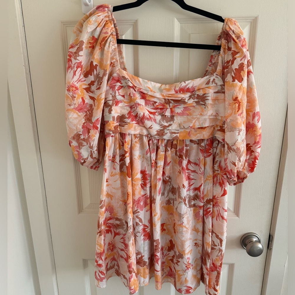 Abercrombie & Fitch Floral Puff Sleeve Mini Dress in Pink, Orange, Brown